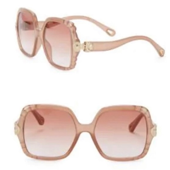 CHLOE SCALLOPED NUDE PINK TRANSPARENT SQUARE SUNGLASSES SUN  HEART MOTIF HINGES - Picture 11 of 16